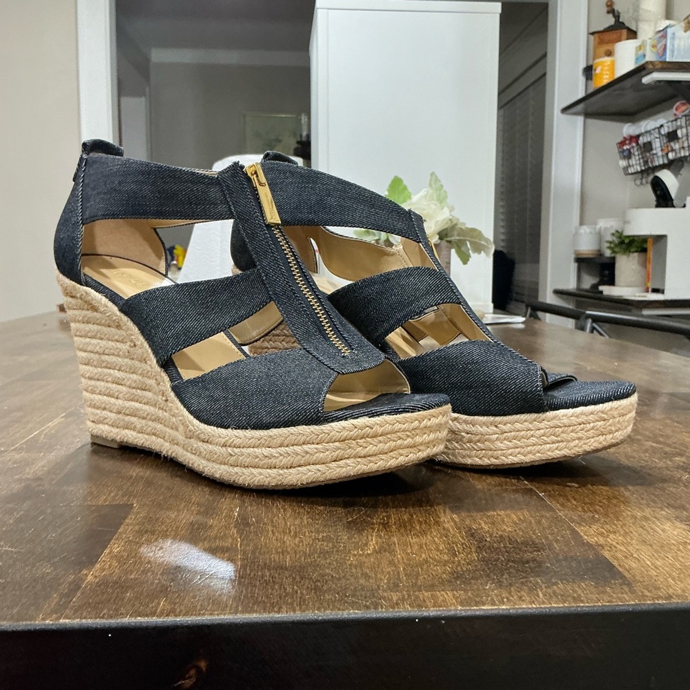 Michael Kors Black Denim Wedges with Gold Zipper - Picture 5 of 9